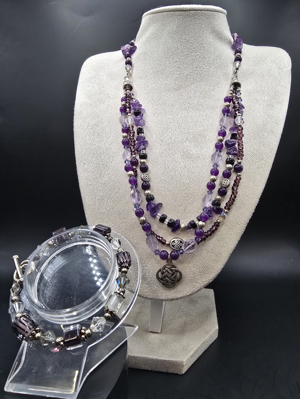 Multi-Strand Purple Beaded Necklace and Bracelet Set